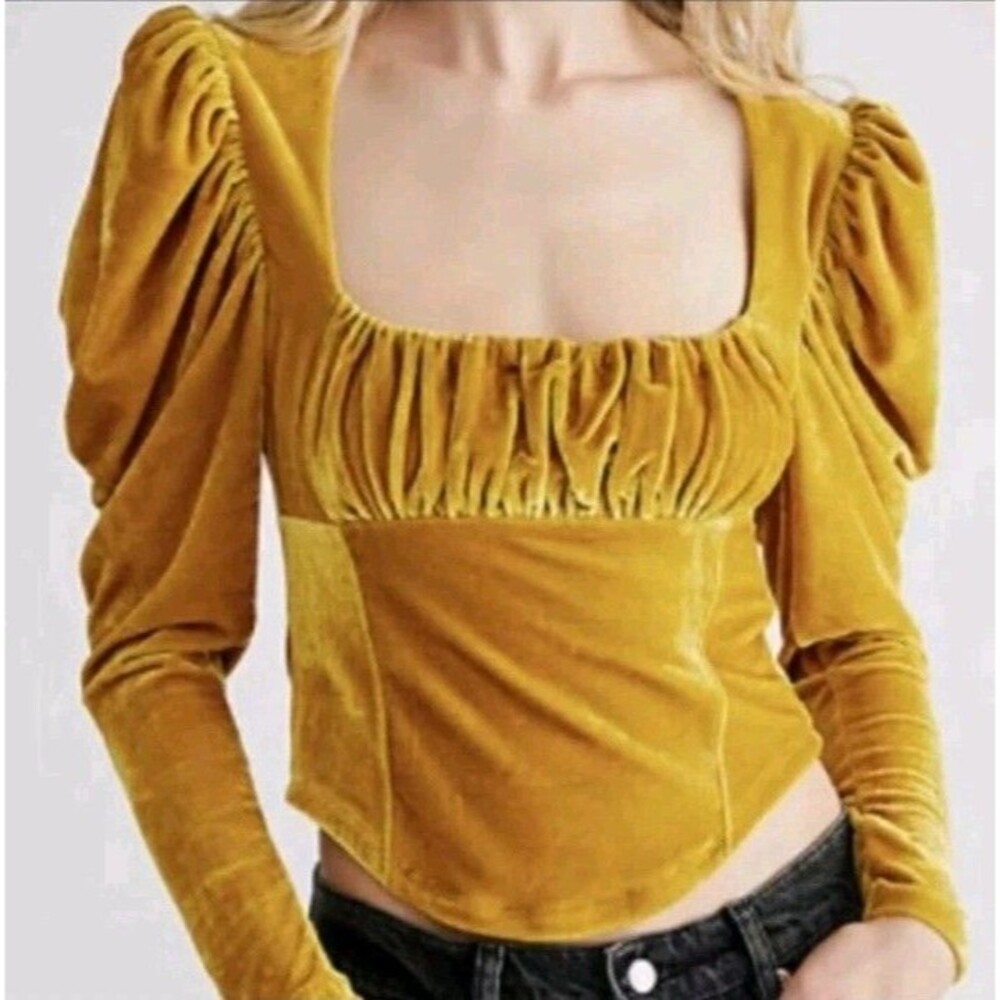 Free People Hold Me Top XL Velvet Puff Sleeve Milkmaid Regency Cropped Yellow